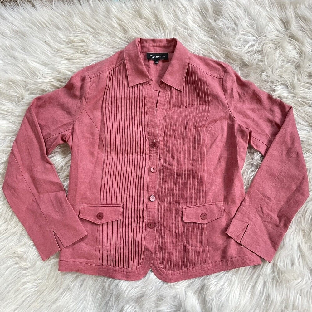 Jones New York Linen Button Up Jacket Pintuck Front Coral Orange